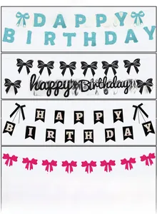 Detail of glitter Happy Birthday banner set with ribbon bow designs in five colors