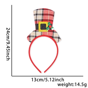 Detailed dimensions of the red plaid Christmas top hat headband with weight information