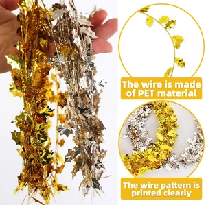 Detail of holly leaf PET tinsel garland showing flexible wire and clear pattern textures
