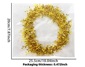 Detailed dimension guide for 7.5m gold star wire garland in clear plastic packaging