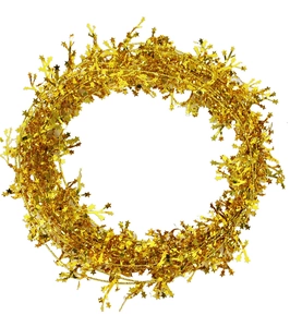 Close-up of sparkling golden star tinsel wreath for Christmas party decoration