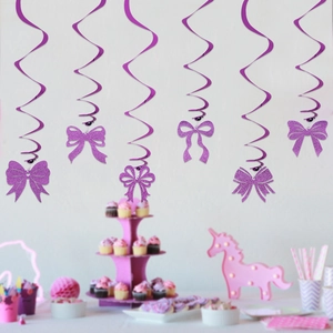 6-pack of glittery pink bow hanging swirl decorations for a girl's birthday party