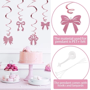 Pink glitter bow spiral hanging swirls for girls' birthday party decor set of 6