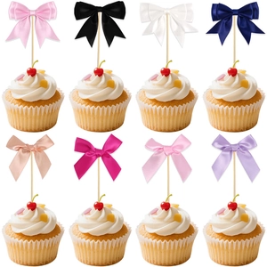 Set of eight colorful satin bow cake toppers with wooden sticks for party dessert decoration