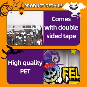 Halloween PET fringe curtain banner with orange pumpkin prints and adhesive backing
