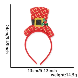 Detailed view of red plaid Christmas hat headband with gold accents and size markers