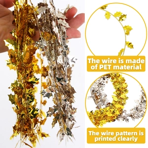 7.5m Christmas garland with gold and silver PET holly leaves for festive party decor