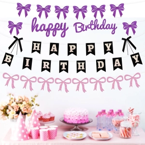 Glittery Happy Birthday banner set with purple and pink bows for party wall decoration