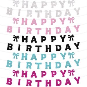 Glitter Happy Birthday banners with bow tie accents in five various sparkling colors