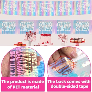 Detail showing laser holographic pink PET rain curtain with adhesive tape for party décor