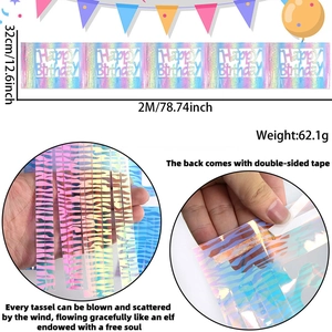 Detail of laser iridescent Happy Birthday fringe banner showing self-adhesive backing
