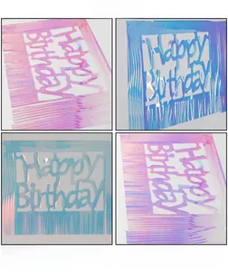 Iridescent laser foil Happy Birthday banner showing colorful gradient light reflection