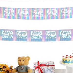 Holographic laser Happy Birthday banner detail with cutout letters and shiny gradient effect