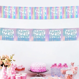 Close-up of holographic Happy Birthday banner with laser effect and hollow design details