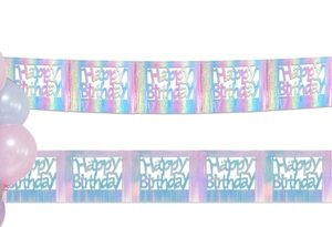 Close-up of iridescent laser Happy Birthday banner with hollow lettering for party decor