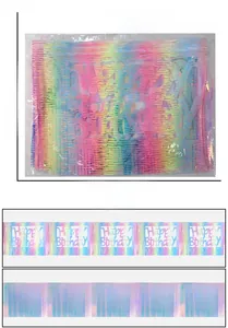 Macro detail of iridescent laser Happy Birthday banner showing material and measurements