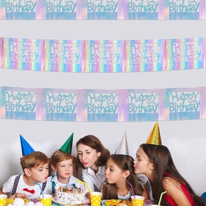 Iridescent holographic Happy Birthday banner for festive party ceiling decoration