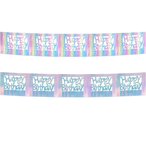 Iridescent Happy Birthday laser banners with hollowed-out square fringe for party decor