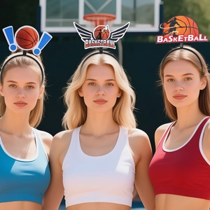 Three basketball themed headbands worn by models in a sunny outdoor basketball court