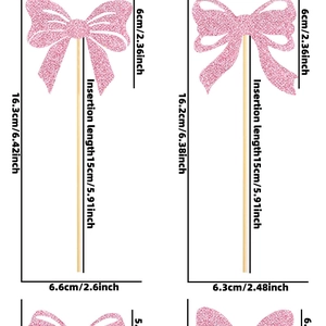 Detailed size chart for pink glitter bow cake toppers with wooden sticks and dimensions