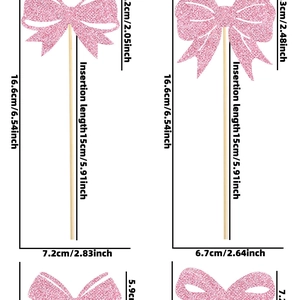 Pink glitter bow cupcake toppers with detailed size measurement guides for party decor