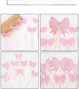 Detailed size view of pink glitter bow cupcake toppers showing 15.1cm height specification