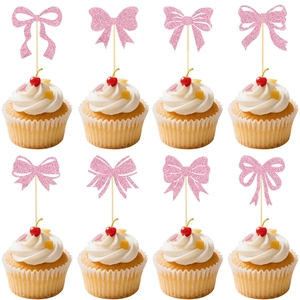 Pink Glitter Bow Cupcake Toppers Shiny Bowknot Cake Decorating Picks For Girls Birthday Party Dessert Table Supplies