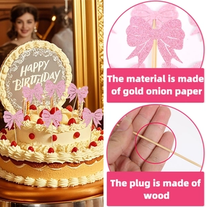 Pink glitter bow cupcake toppers with Happy Birthday cake insert for party decorations