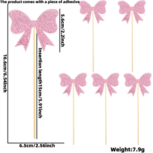 Pink glitter bow cupcake toppers with wooden picks for girls birthday party decoration