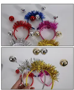 Close-up of glittery disco ball headbands with metallic tinsel in five vibrant colors