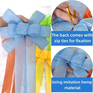 Macro detail of faux linen colorful bows showing the woven texture and golden twist ties