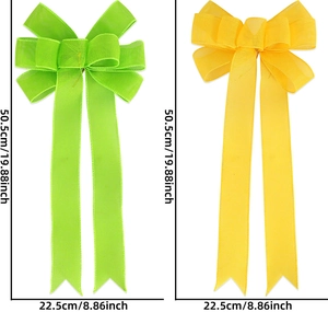 Size detail of large linen texture bows in green and yellow for festive decor