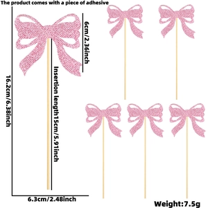 Pink glitter bow cupcake topper with wooden stick for girls birthday cake decoration