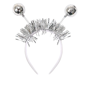 Silver disco ball headband with sparkly tinsel and mirror spheres for party decoration