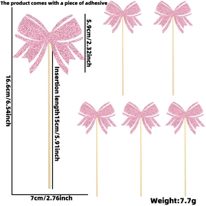 Pink glitter bow cupcake toppers set of 6 for girl's birthday party cake decoration