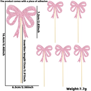 Pink glitter bow cake toppers set for girls birthday party decorations and events