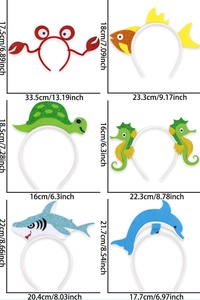 Detailed size specifications for ocean animal headbands with crab and turtle designs