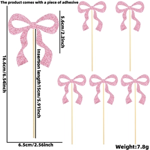 Pink glitter bow cupcake topper set with wooden sticks for girls birthday party decor