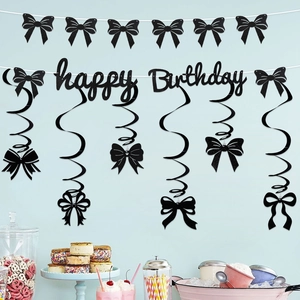 Black glitter happy birthday banner and bow hanging swirl decorations for party