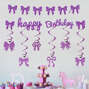 Purple glitter bow birthday party decoration kit with Happy Birthday banner and swirls