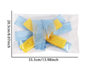 Blue and yellow faux linen bow tie packaged in plastic with 35.5cm x 20.5cm dimensions