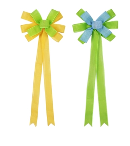 Detail of two-tone faux linen bow ties with fiber texture and swallowtail design