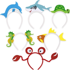 Set of 6 ocean themed glitter party headbands featuring shark dolphin and sea animals