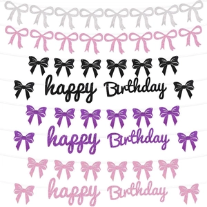 Glittery Happy Birthday banner with bowknot accents in five colors for party decor