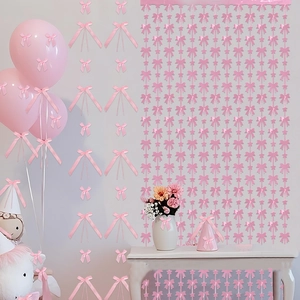 Pink ribbon bow backdrop curtain and decorative wall tassels for birthday party decoration
