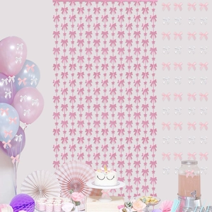 Pink bow party decoration set with star garlands for girls' birthday photo backdrops