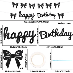 Detailsatz schwarzes Happy Birthday Banner mit Glitzer, Schleifen und Größenangaben