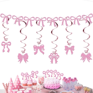 Pink glitter bow hanging swirls and cake toppers set for children birthday party decor