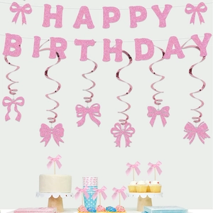 Pink glitter Happy Birthday banner with bows and spiral swirls for party decor