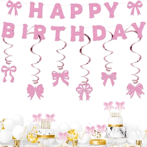 Pink glitter bow birthday party set with Happy Birthday banner and spiral swirls
